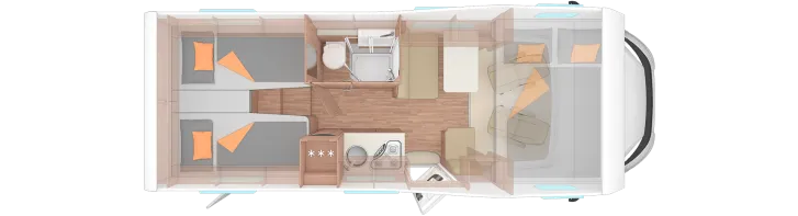 Grundriss Tag Weinsberg CaraHome 650 MEG Einzelbetten SAT+TV Multimedia