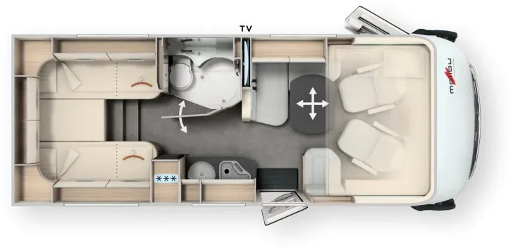 Grundriss Tag Malibu I 430 LE Gastank+Vorzelt+Dachklima+SAT-TV