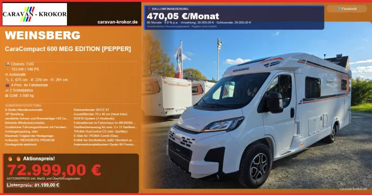 Fahrzeugbild Weinsberg CaraCompact 600 MEG EDITION [PEPPER] FINAL - Sat-AHK #1