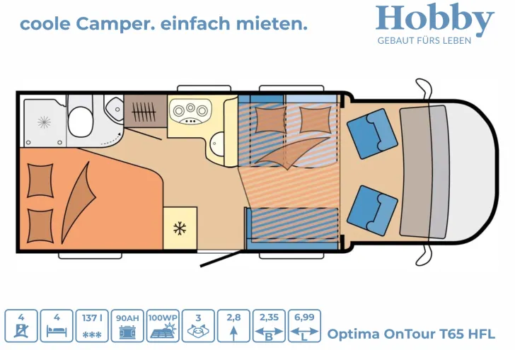 Grundriss Nacht Hobby Optima ONTOUR T65 HFL Hubbett / SOLAR / MARKISE